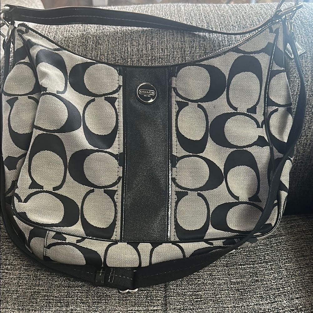 Coach Black and Gray Shoulder Bag with Signature Monogram